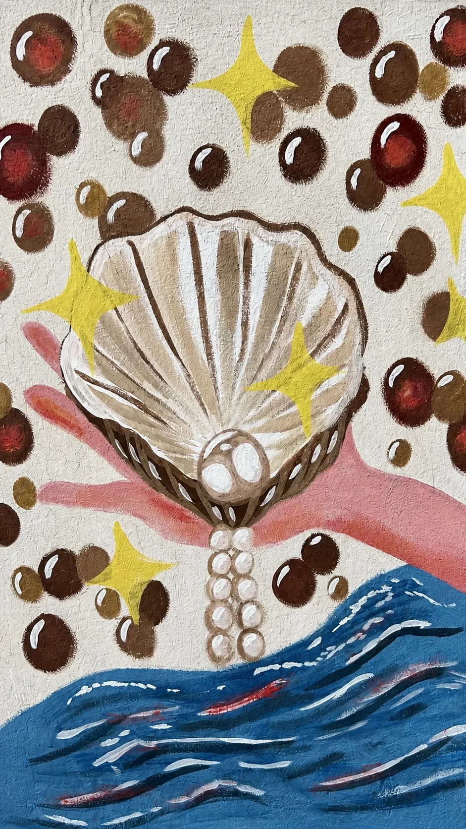 A close crop of the completed pearl mural